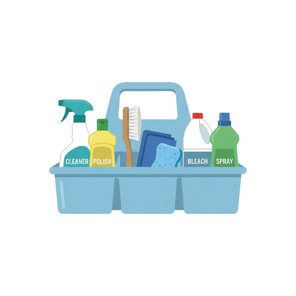 Blue tray holding cleaning supplies including spray bottles, brush, cloths, bleach, and polish