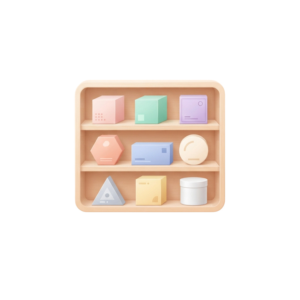 Three wooden shelves displaying nine colorful cosmetic containers in various shapes and colors