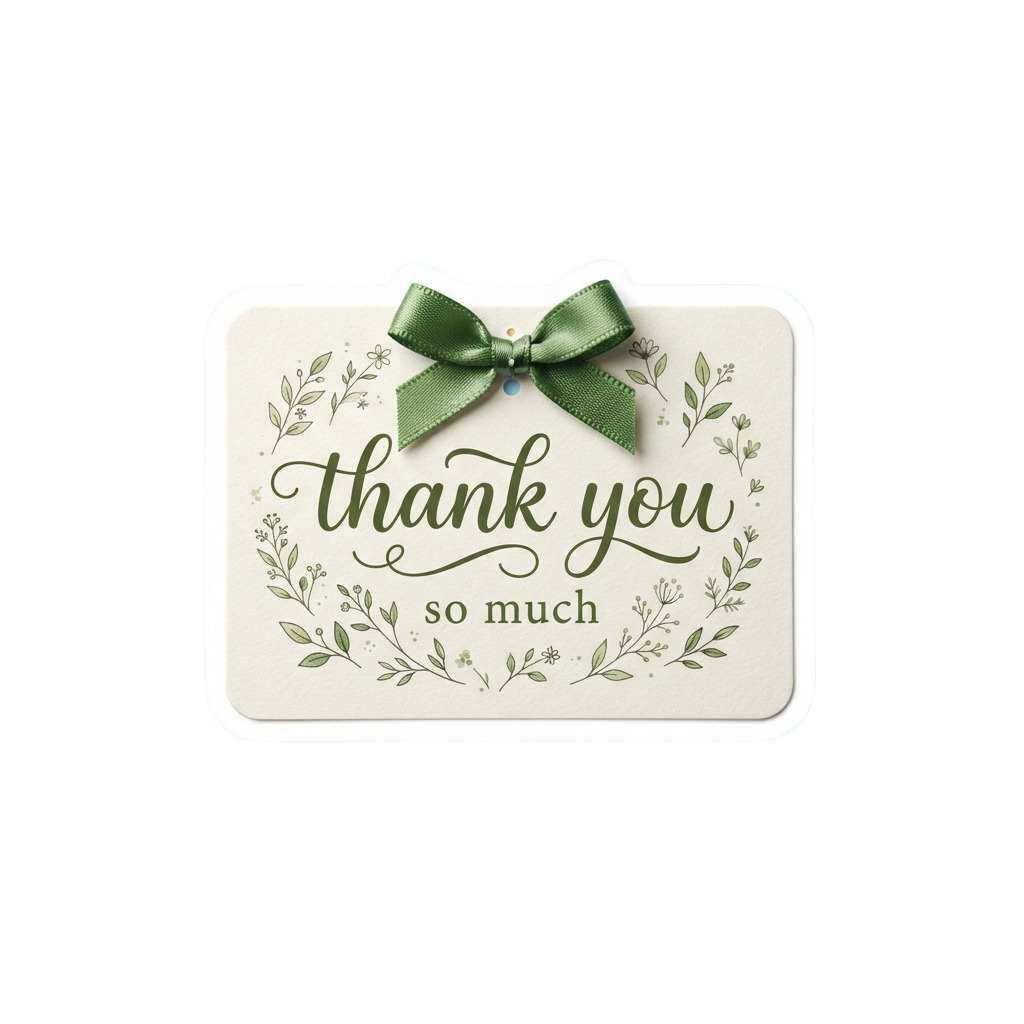 A thank you card featuring cursive text thanking someone, adorned with a green ribbon bow and floral accents