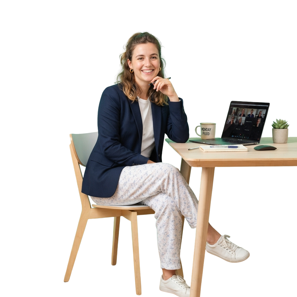 Woman sitting at a desk in a blazer and sweatpants, smiling while on a video call with a laptop and mug nearby