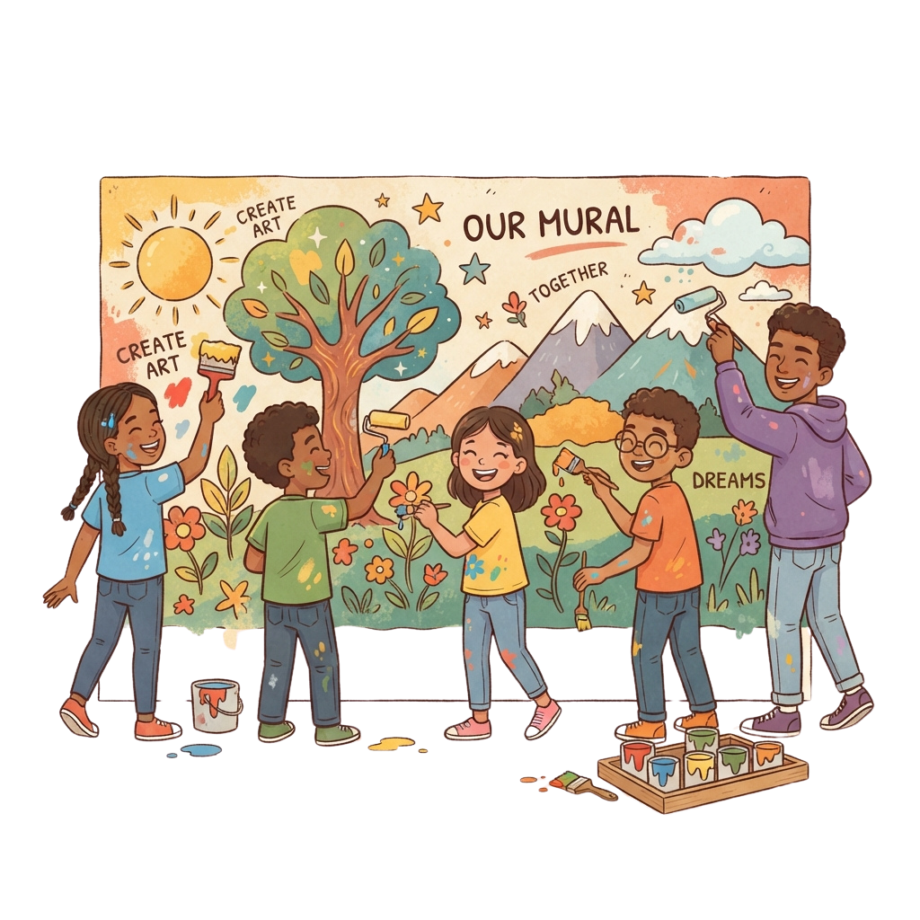 Five children painting a mural together with brushes and paint pots, smiling and engaged in creative activity.