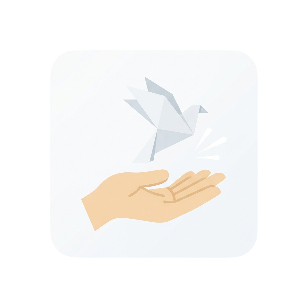 An open hand releasing a paper dove into the air