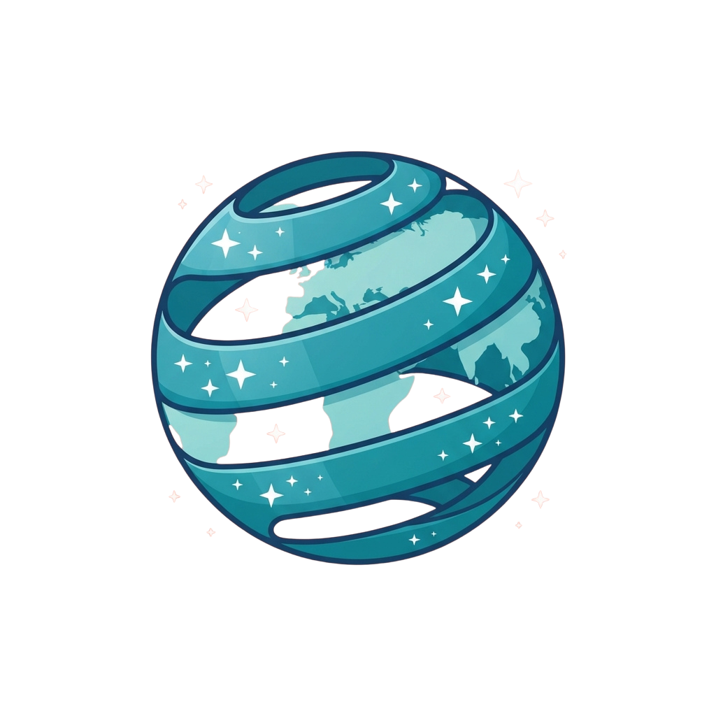 A stylized globe with a blue ring design and starry space background