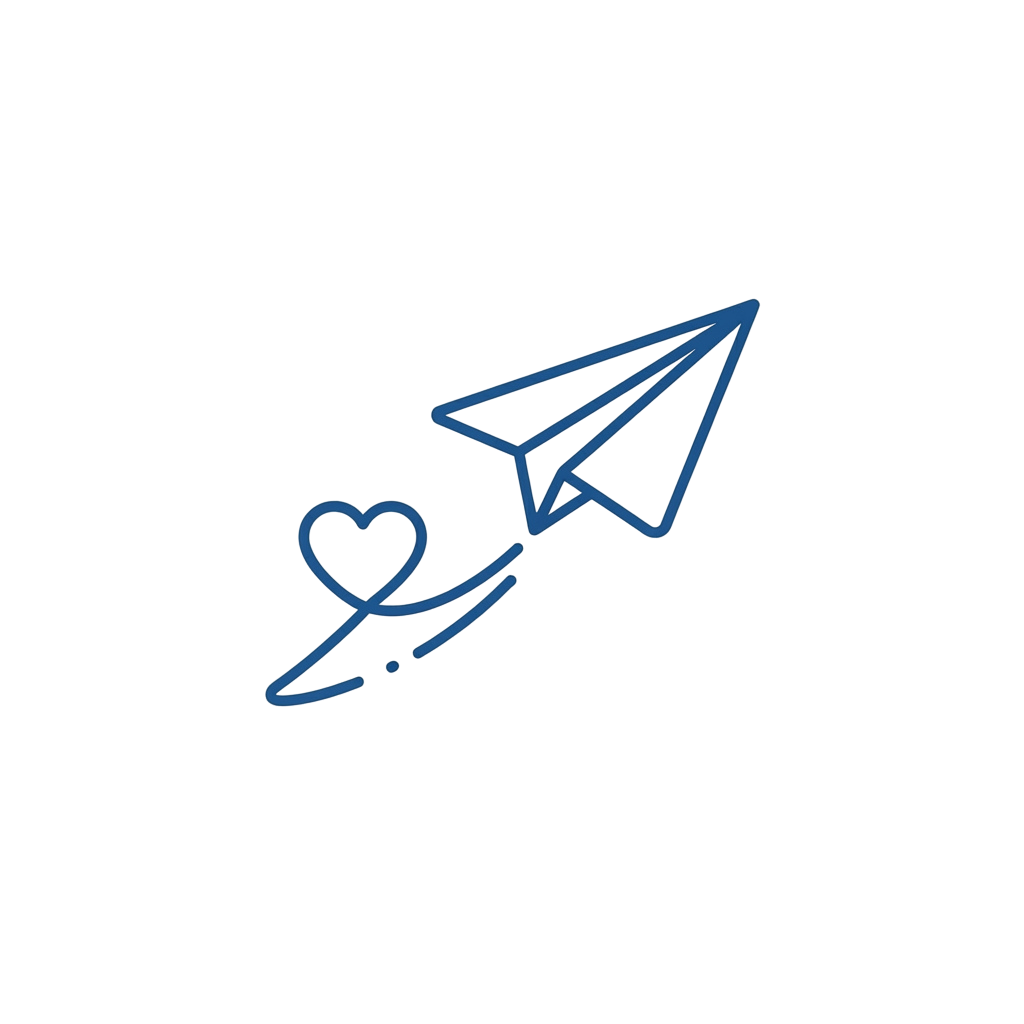 A simple line drawing of a paper airplane with a heart shape on its body