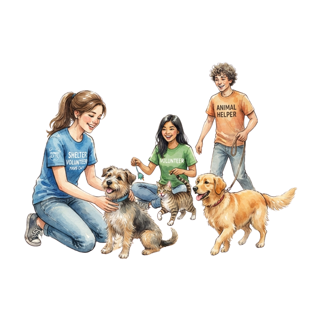 Three volunteers with three dogs, one cat in a carrier, smiling and walking together