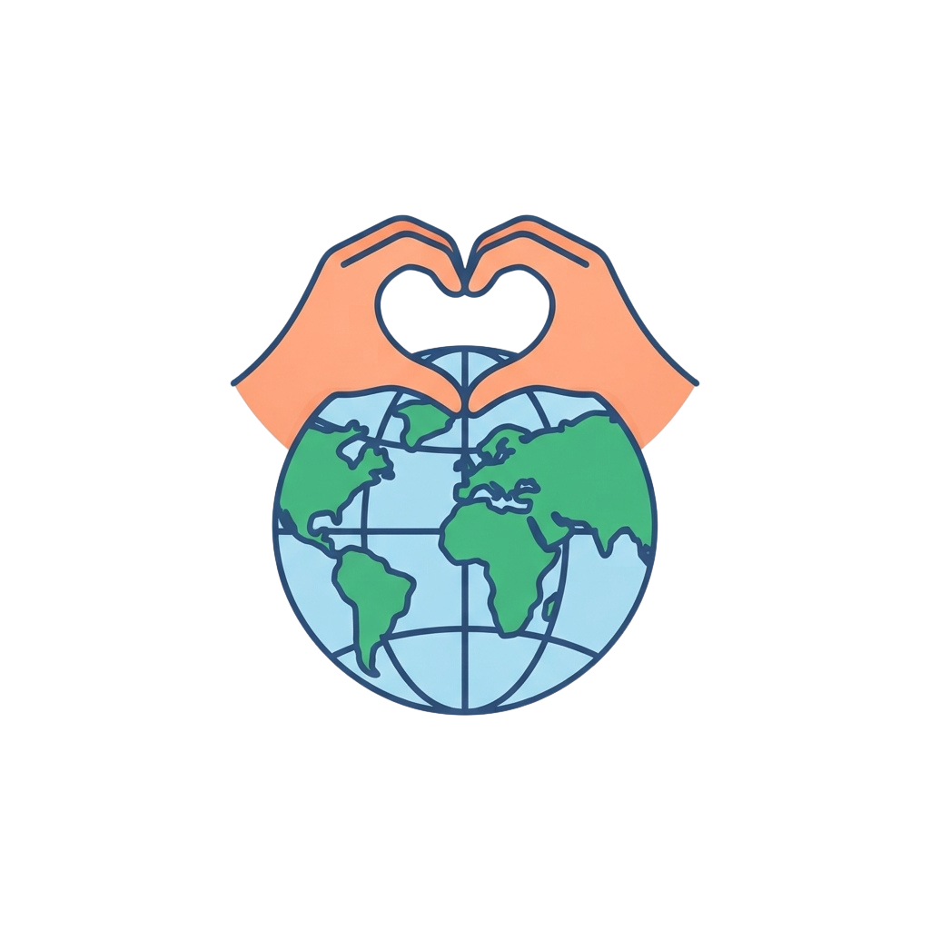 Two hands forming a heart shape around a globe, symbolizing care for the planet