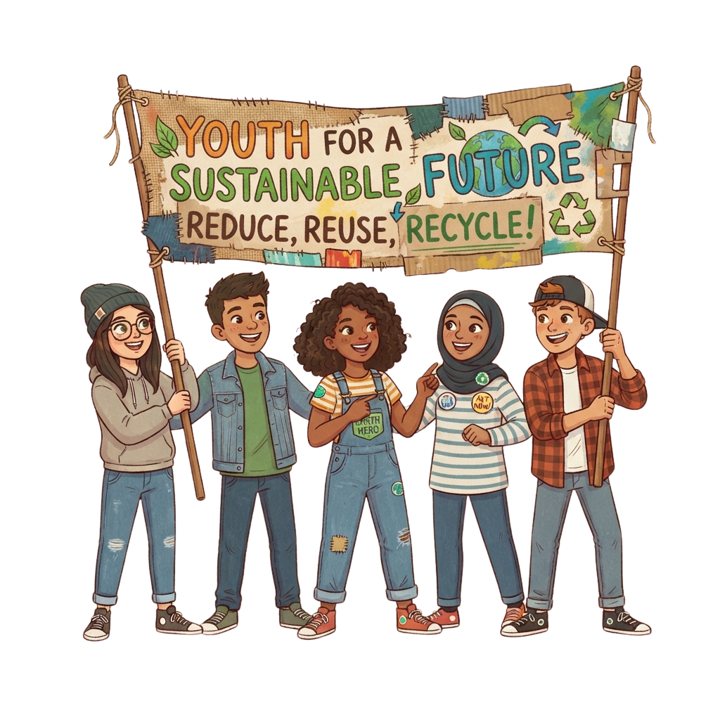 Five diverse youth holding a banner that says Youth for a Sustainable Future Reduce Reuse Recycle with recycling symbols