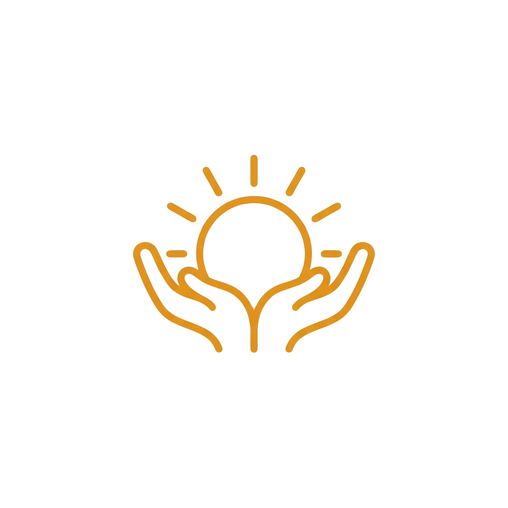 Two hands cupping a glowing sun with rays, symbolizing warmth and positivity