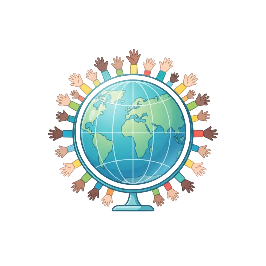 Illustration of a globe surrounded by diverse hands reaching out in unity.