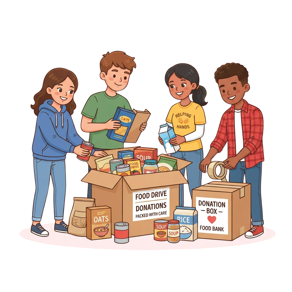 Four children organizing canned food and boxed items into donation boxes for a food drive