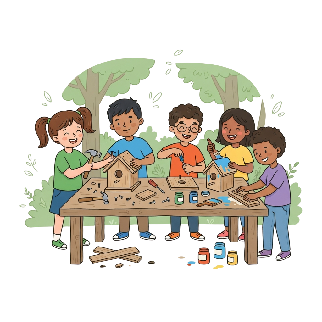 Five children happily building birdhouses at a wooden table with tools and materials