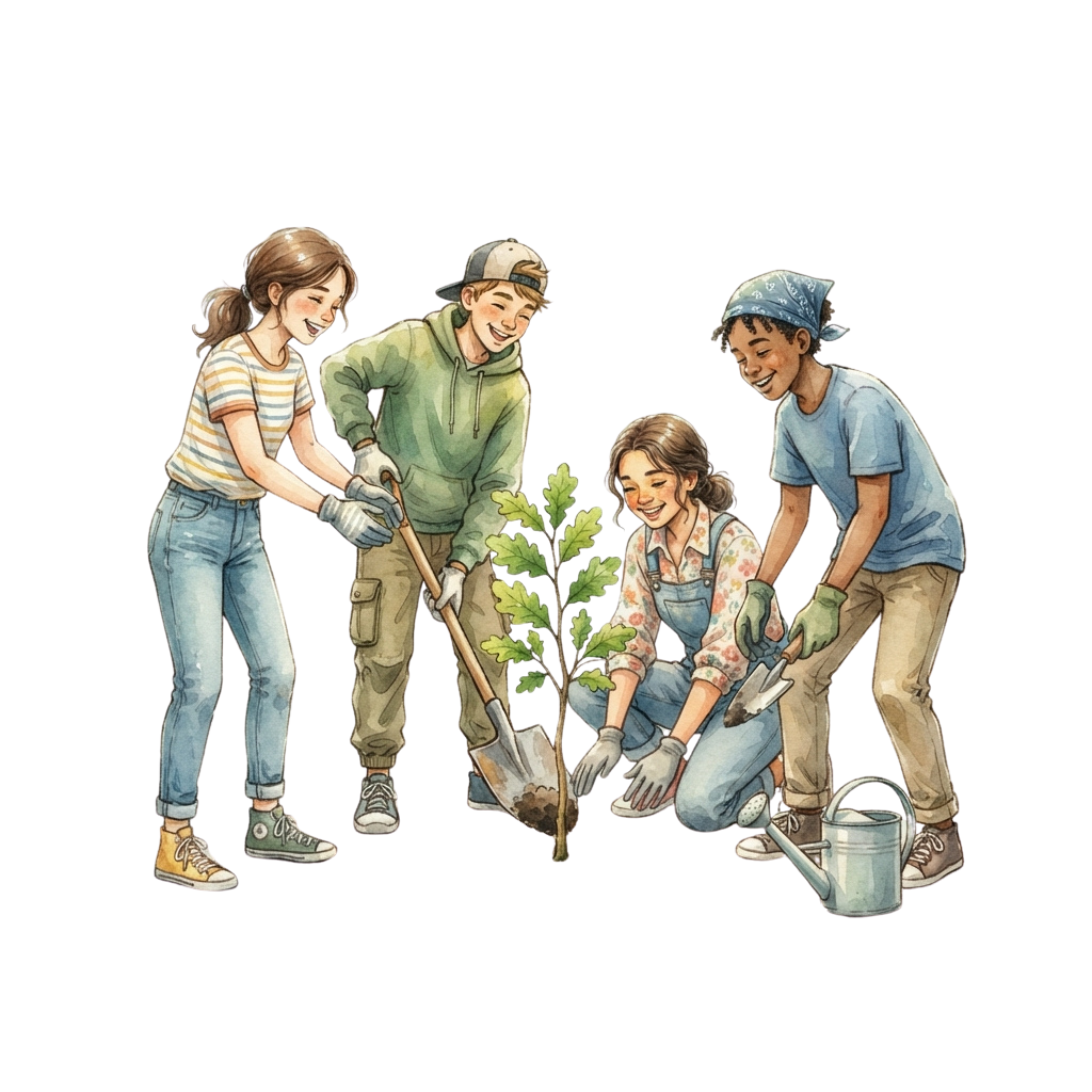 Four children smiling while planting a small tree with gardening tools and a watering can.