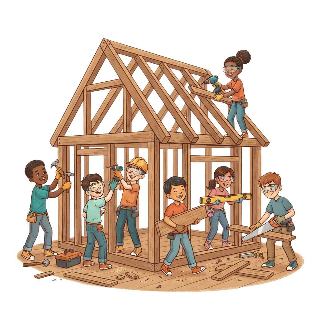 Six children collaborating to build a wooden house frame with tools and teamwork