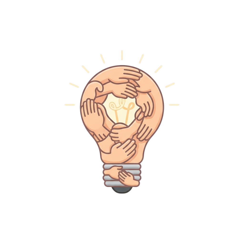 Illustration of a lightbulb with multiple hands holding it, symbolizing teamwork and collaboration