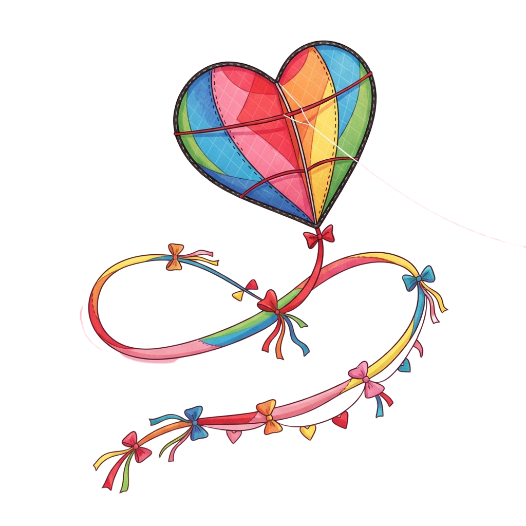 A heart-shaped kite with rainbow segments and a long ribbon with colorful bows flying against a dark background