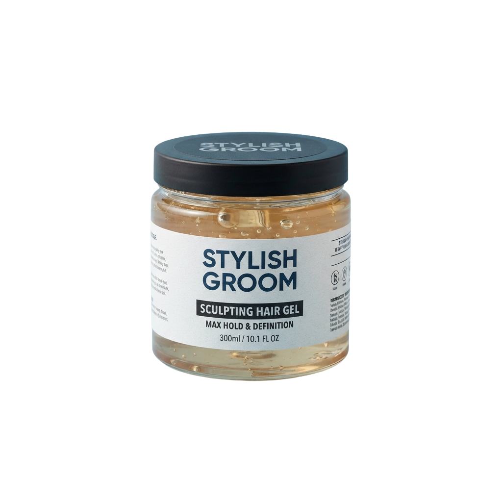A jar of sculpting hair gel with a black lid and label showing Stylish Groom branding, 300ml volume.