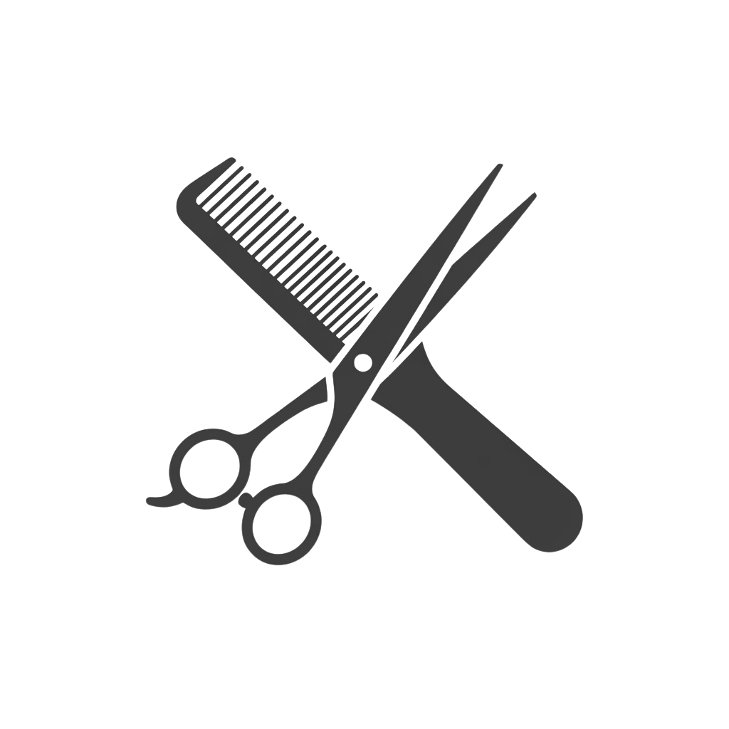 A pair of scissors cutting a comb, illustrated in a simple, flat design.