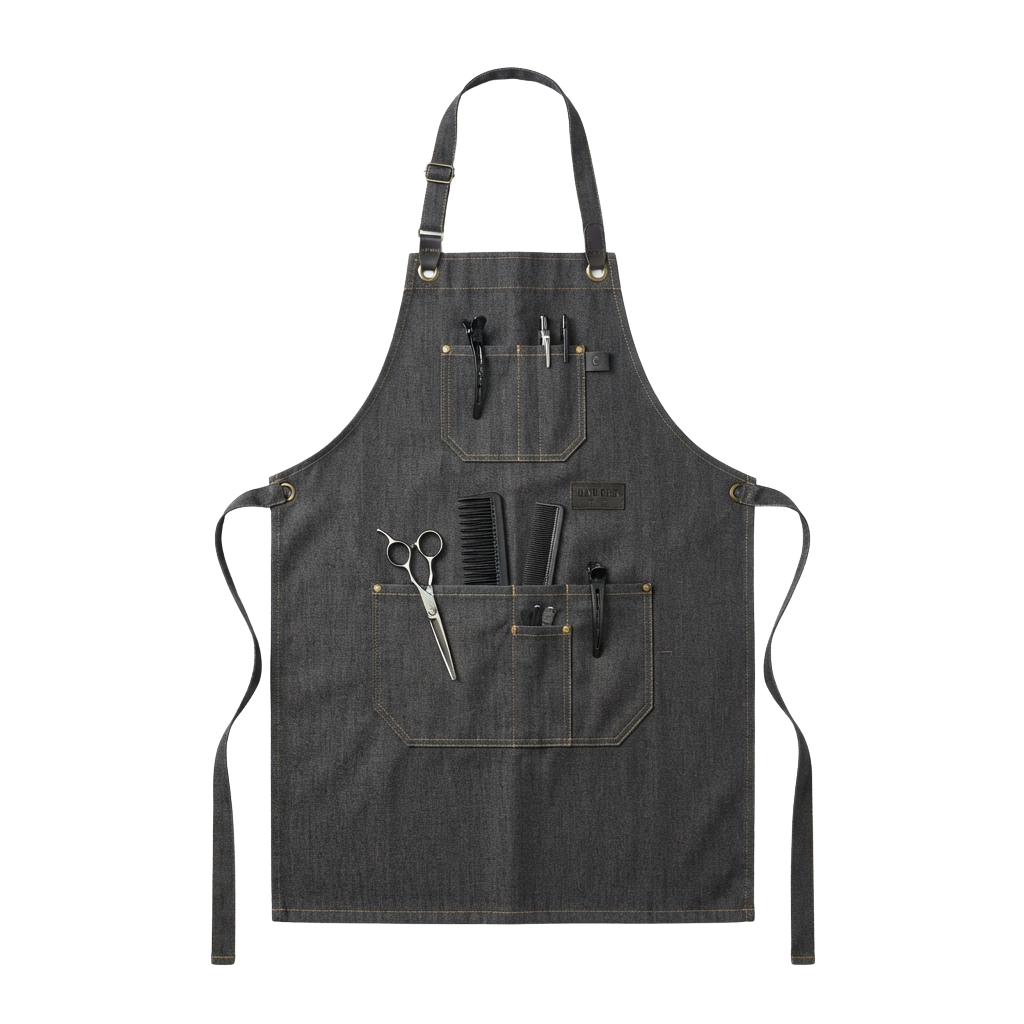 Gray canvas apron with multiple pockets holding barber tools like scissors and comb.