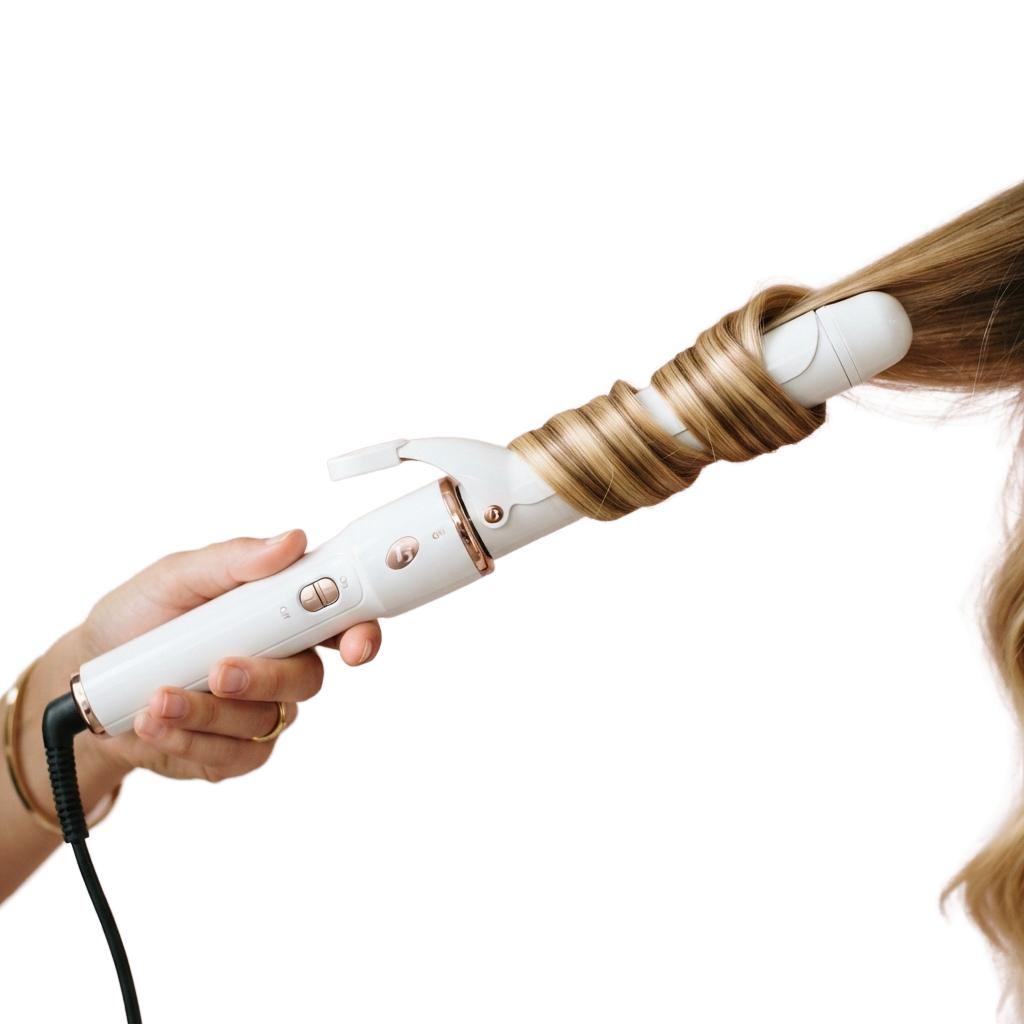 Person using a hair straightening tool on long blonde hair for styling.