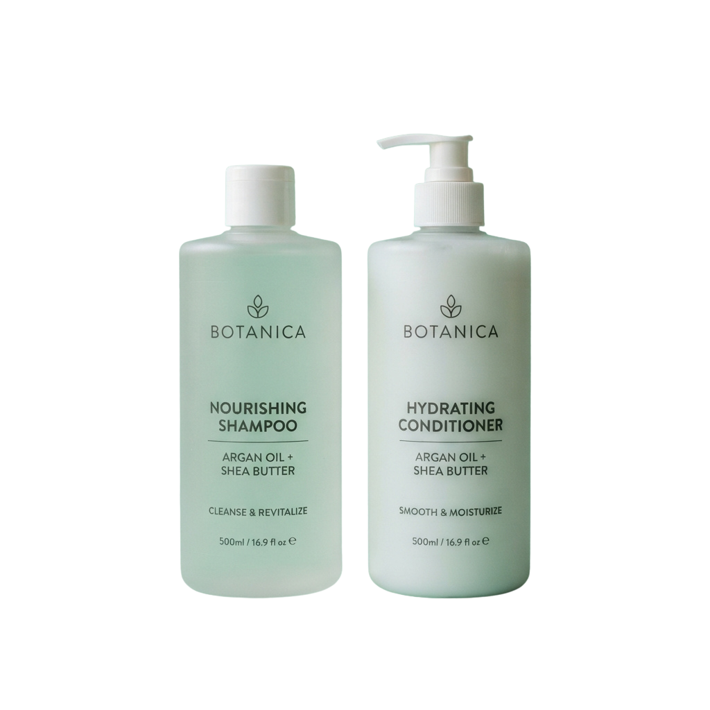 Two bottles of argan oil and shea butter hair care products side by side on black background