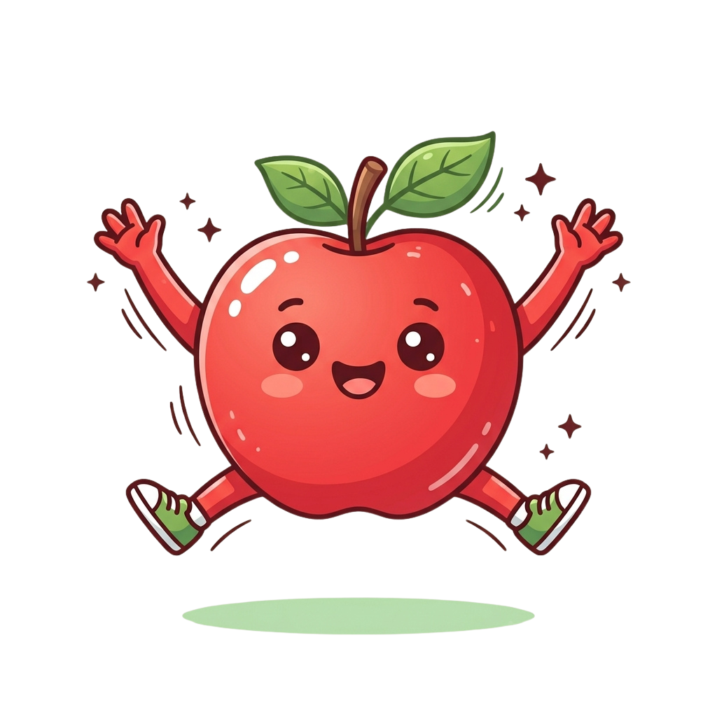 A cheerful cartoon apple with arms raised, smiling, and wearing sneakers on a green base.