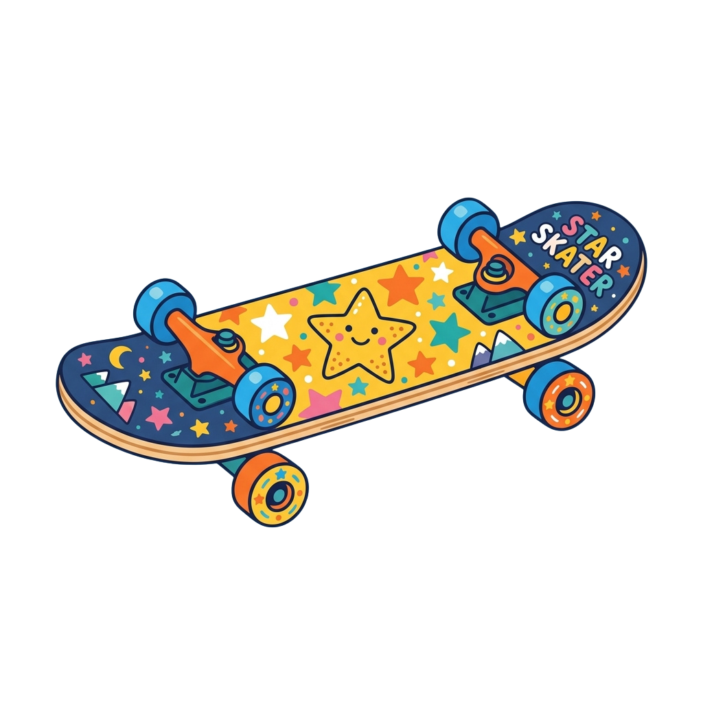 A vibrant skateboard decorated with stars, planets, and colorful space elements