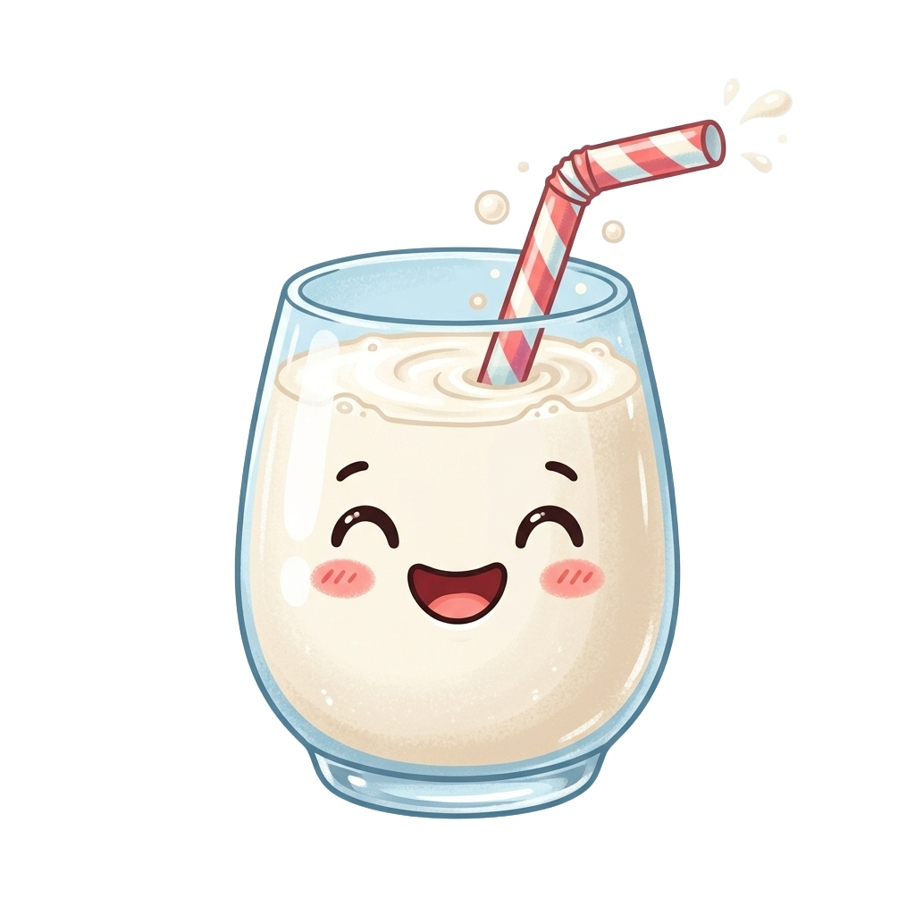A smiling cartoon glass of milkshake with a candy-striped straw spilling bubbles