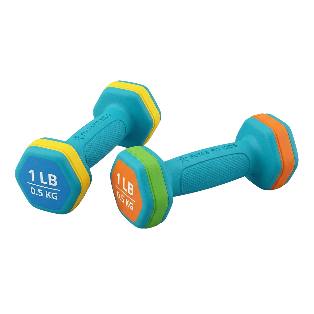 Two colorful dumbbells each weighing 1 pound or 0.5 kilograms, designed for kids' exercise.