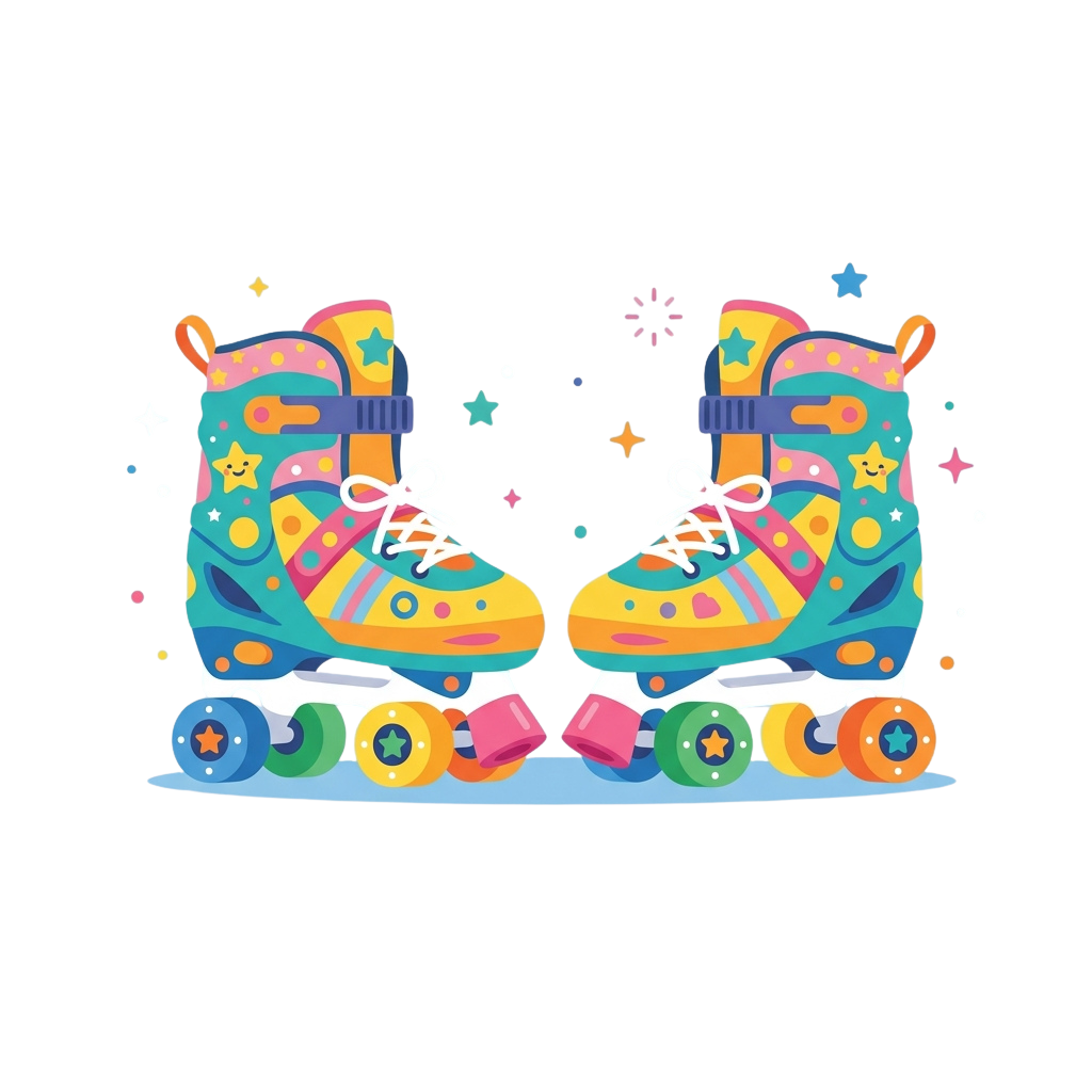 Illustration of two vibrant roller skates with star patterns and colorful wheels on a light blue base