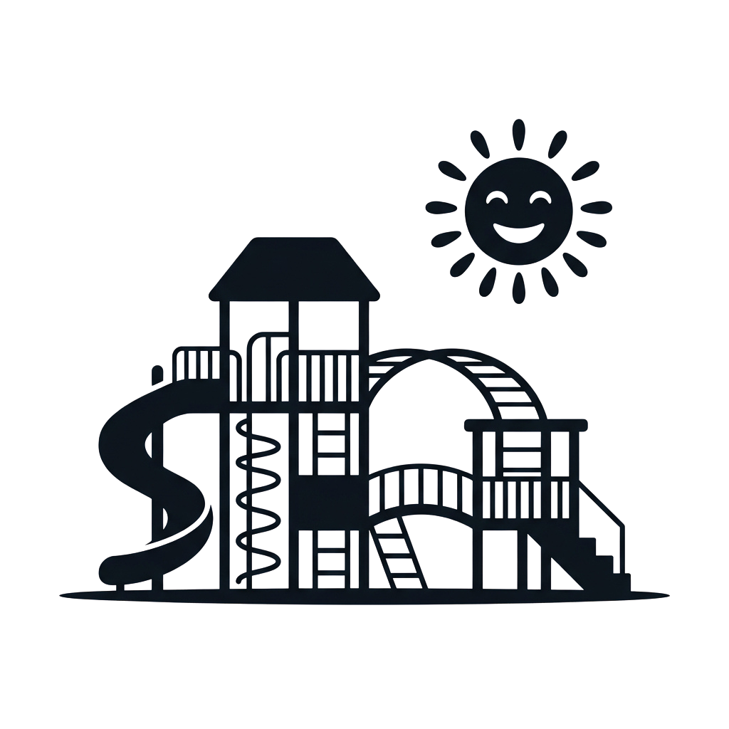 A stylized icon of an amusement park with a smiling sun in the background