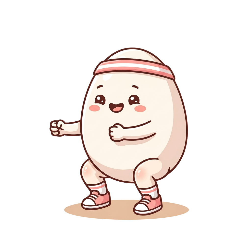 Animated egg-shaped character with arms, legs, a headband, and sneakers standing cheerfully.