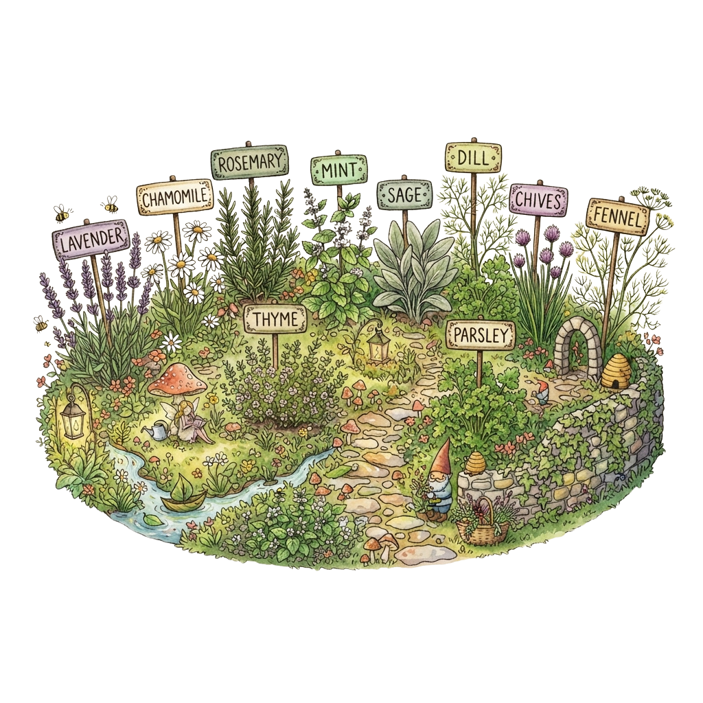 Whimsical illustration of a herb garden featuring labeled plants like lavender, rosemary, thyme, and more with gnome figures and a winding path.