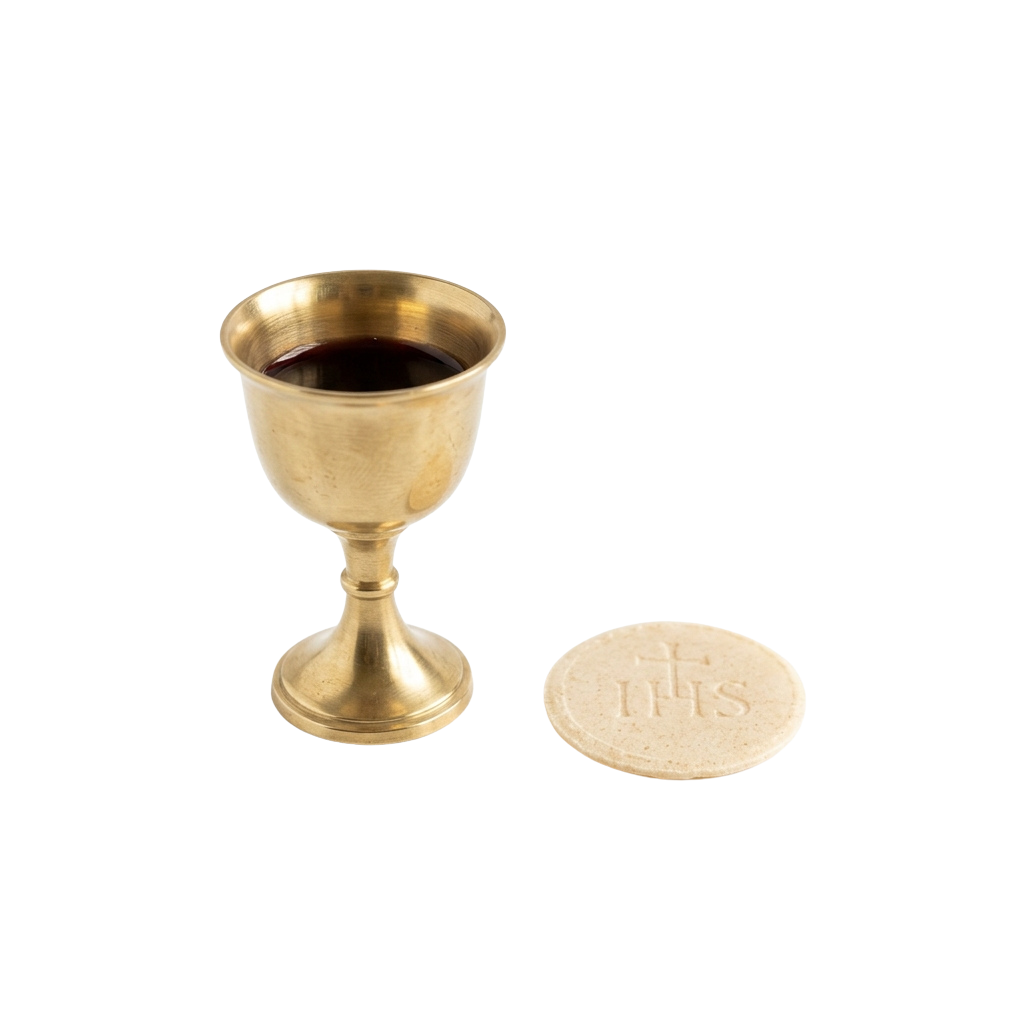 A golden chalice filled with dark liquid and a white paten with a cross symbol