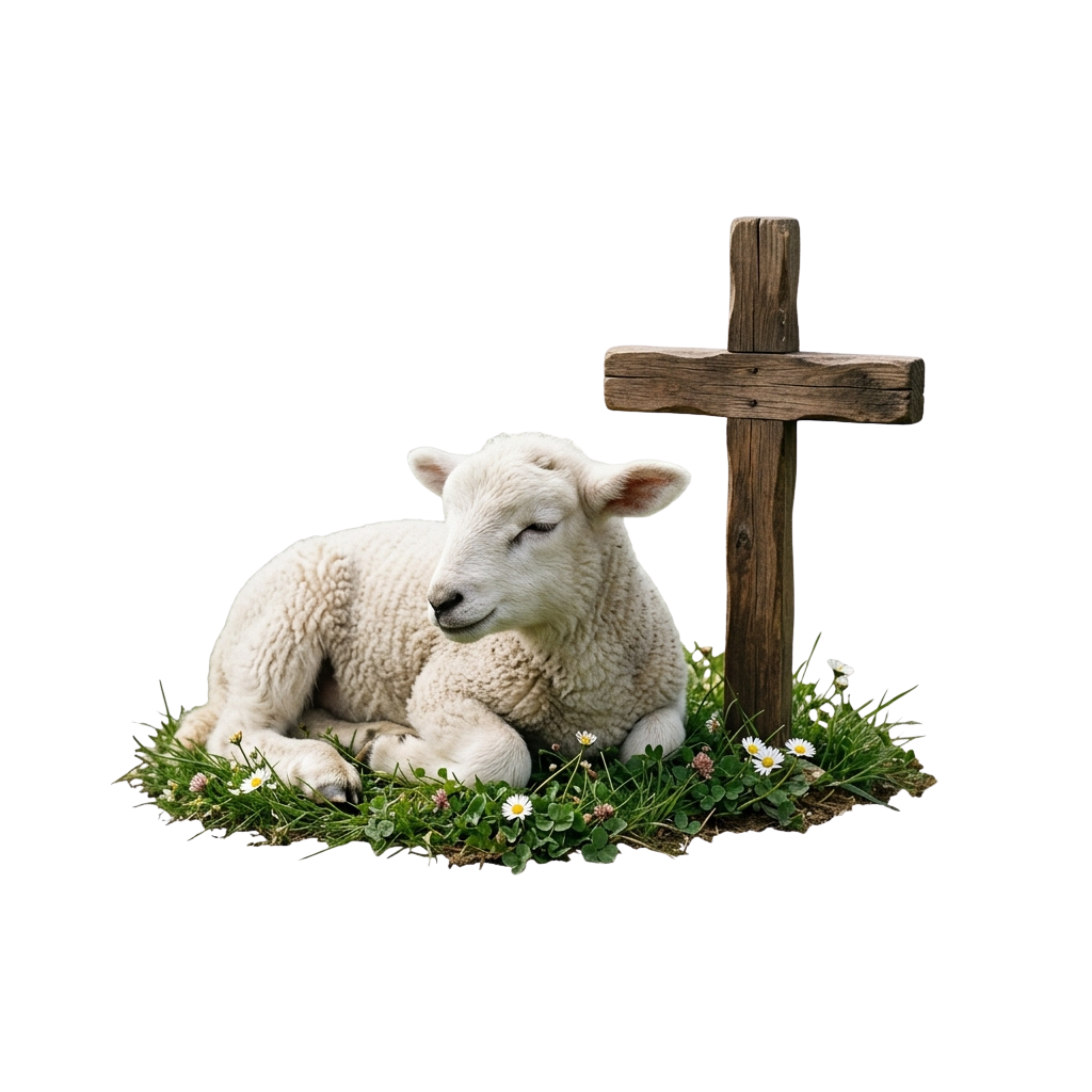A white lamb lying down beside a wooden cross on green grass with small flowers