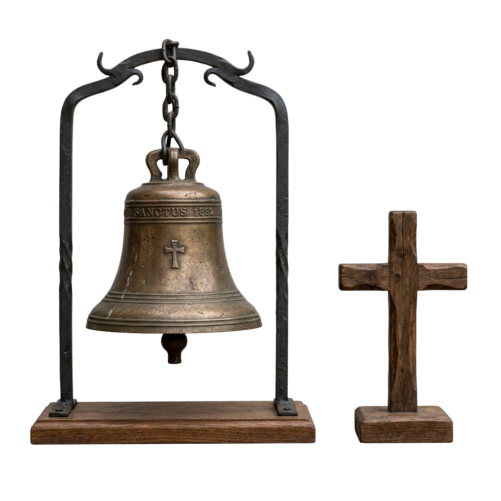A vintage brass bell with a cross emblem and a wooden cross on a dark background