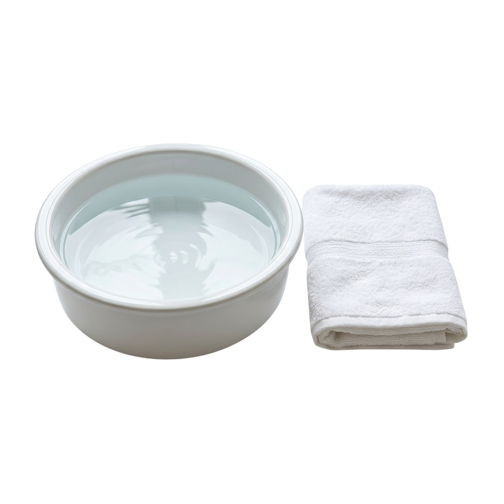 A white ceramic foot basin filled with water next to a folded white towel