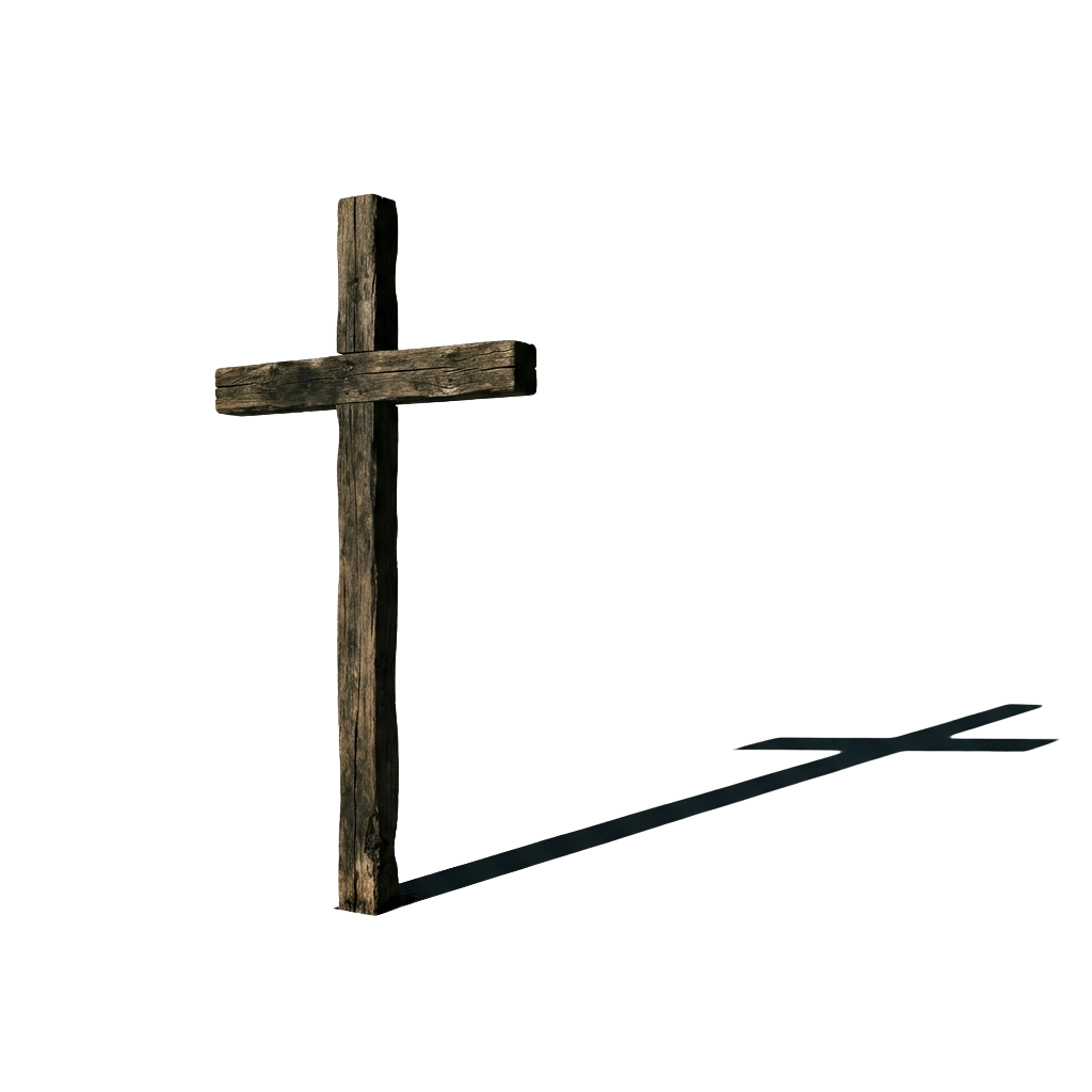 A 3D wooden cross with a shadow cast on a black background