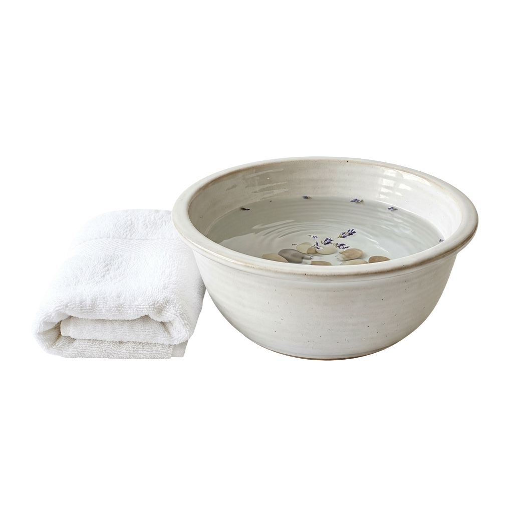 A white ceramic foot basin filled with water and smooth stones, accompanied by a folded white towel.