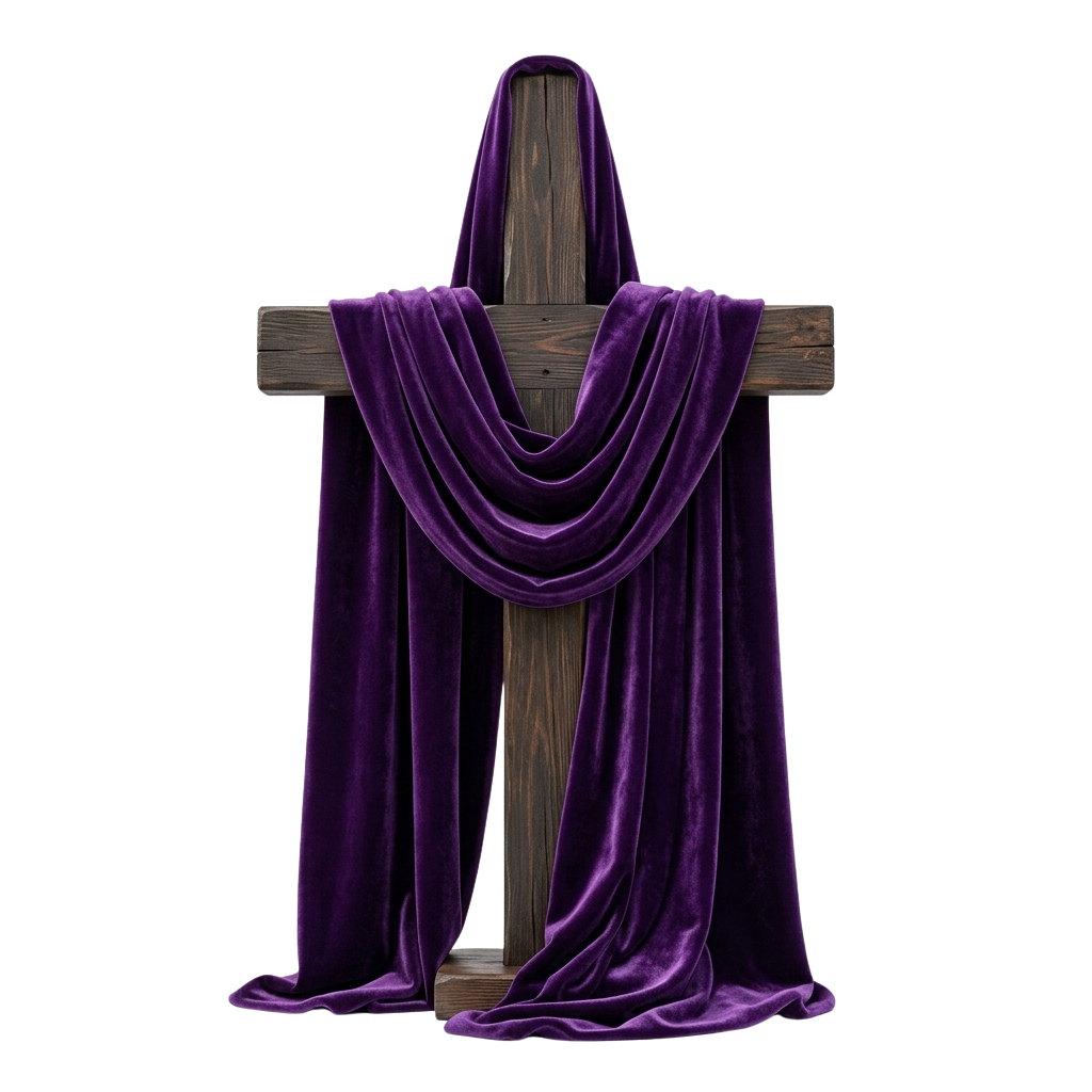 A wooden cross draped with a deep purple velvet cloth against a dark background