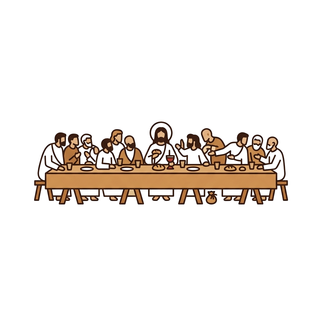 Minimalist illustration of 13 figures seated around a long table during a meal, resembling the Last Supper scene.