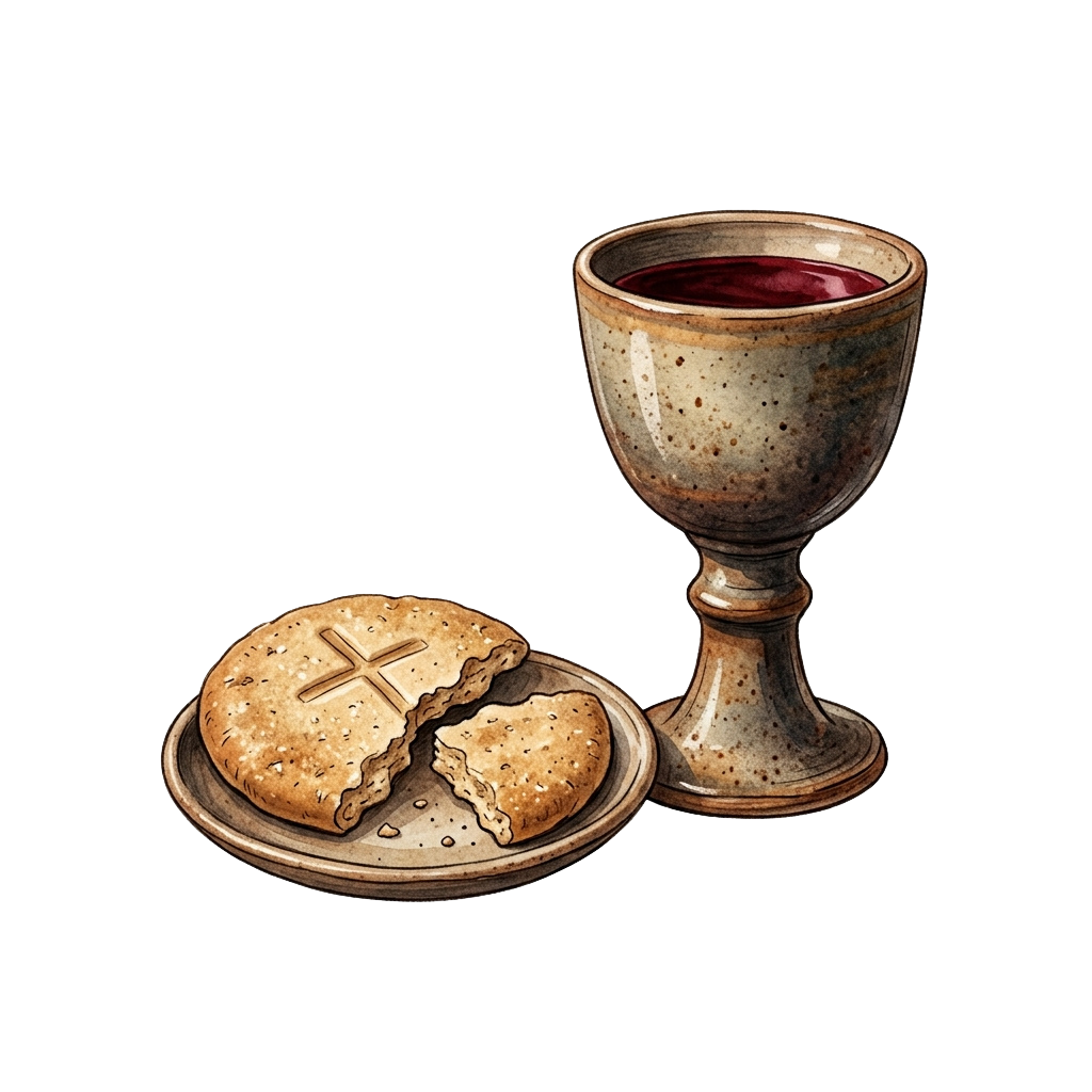 Illustration of a broken communion bread with a cross and a chalice filled with red liquid on a dark background