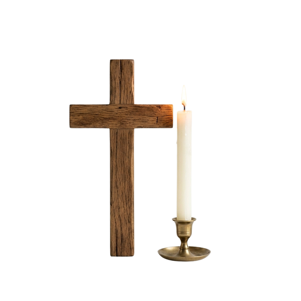 A wooden cross beside a lit white candle in a brass holder against a dark background