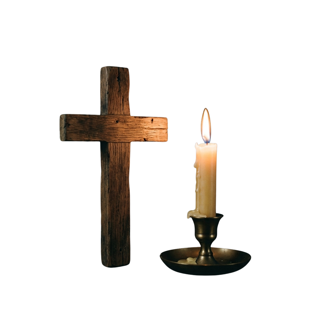 A wooden cross beside a lit candle on a dark background