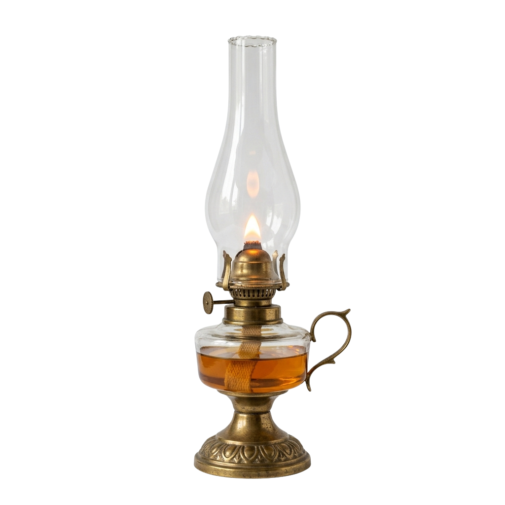 A vintage-style brass oil lamp with a lit flame inside a clear glass chimney and handle on the side