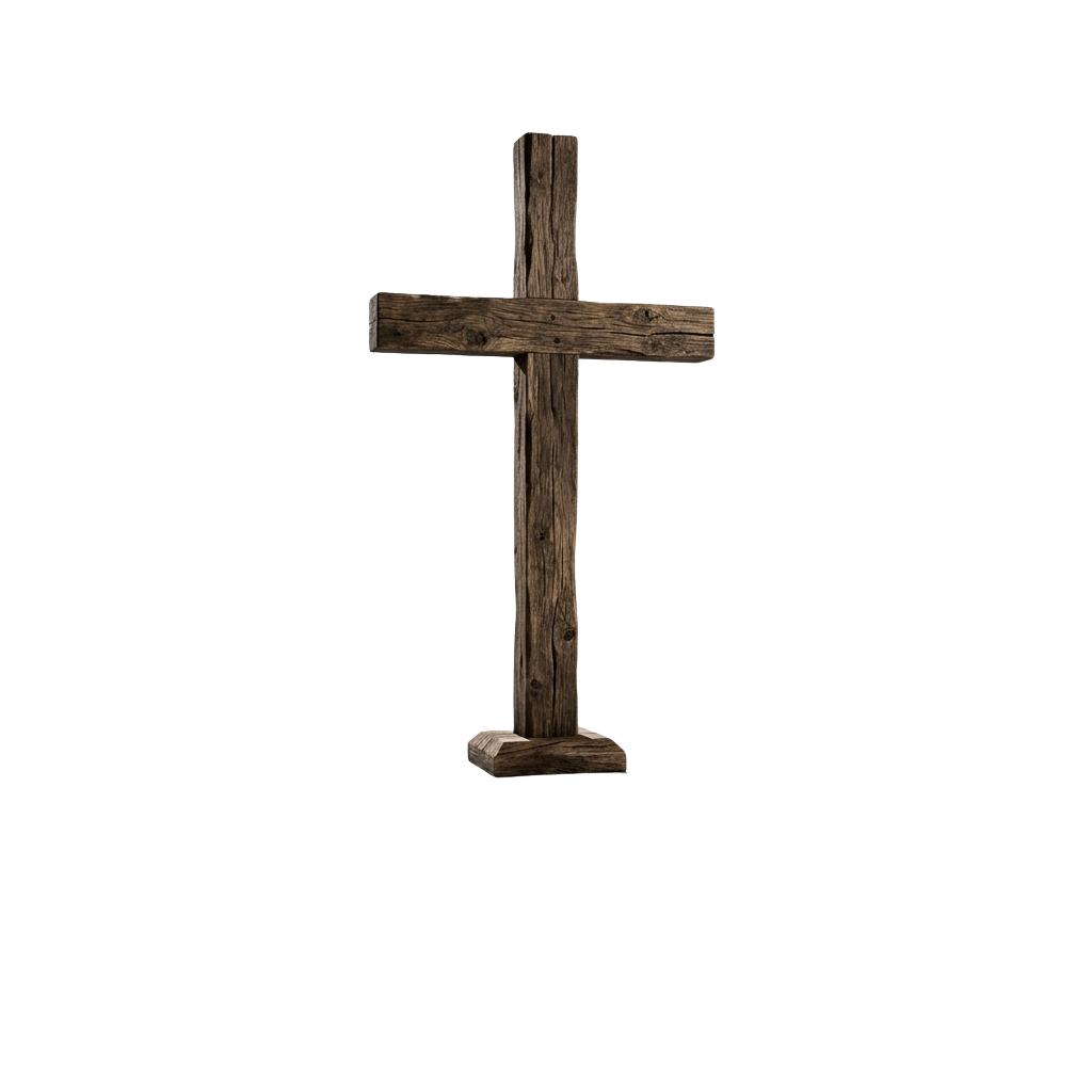 A simple wooden cross standing on a square base against a dark background