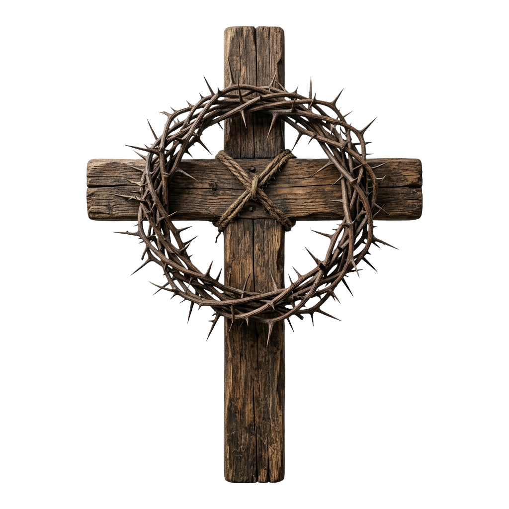 A wooden cross with a thorny crown encircling the intersection of the beams