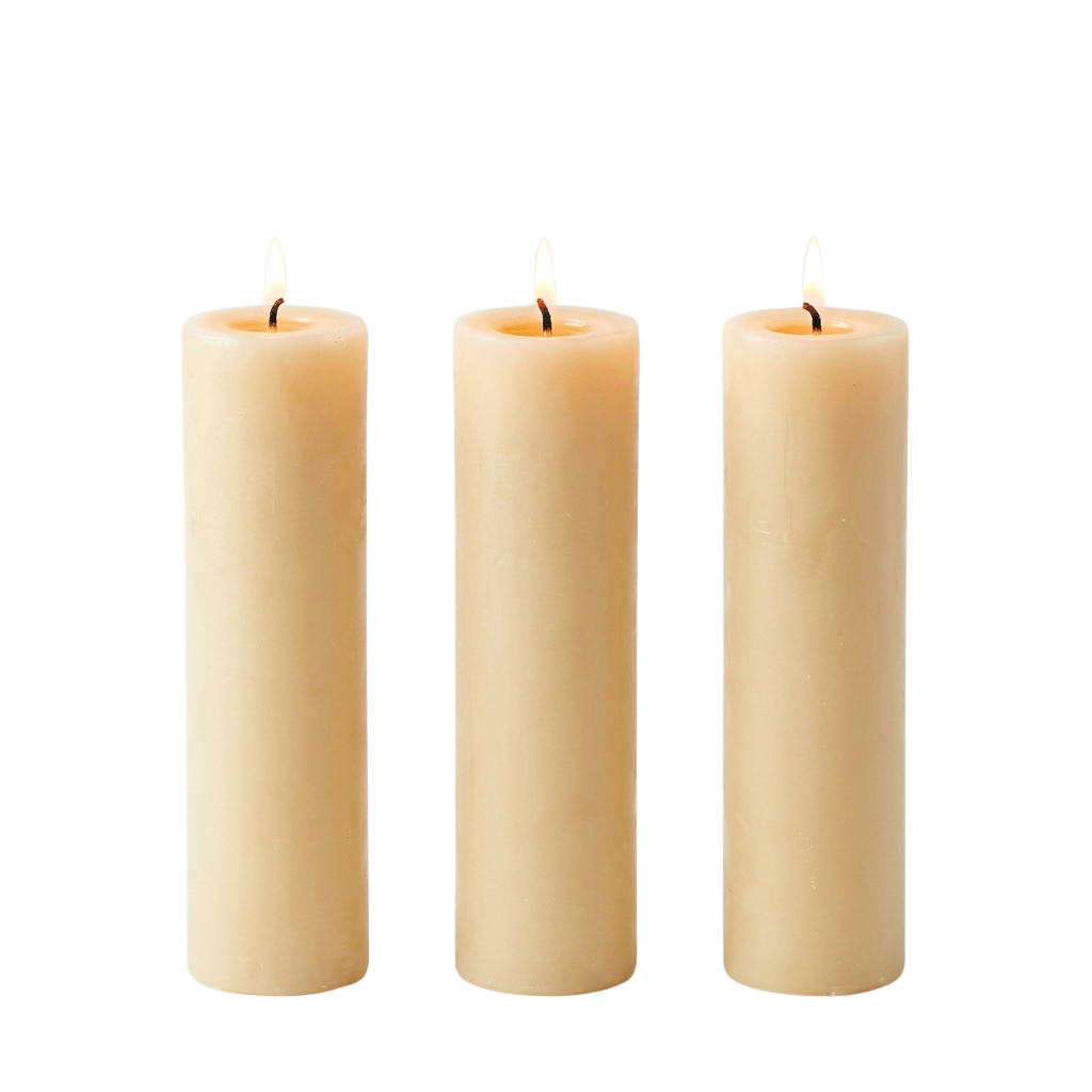 Three tall, unlit beige candles with wicks lit, standing upright against a black background