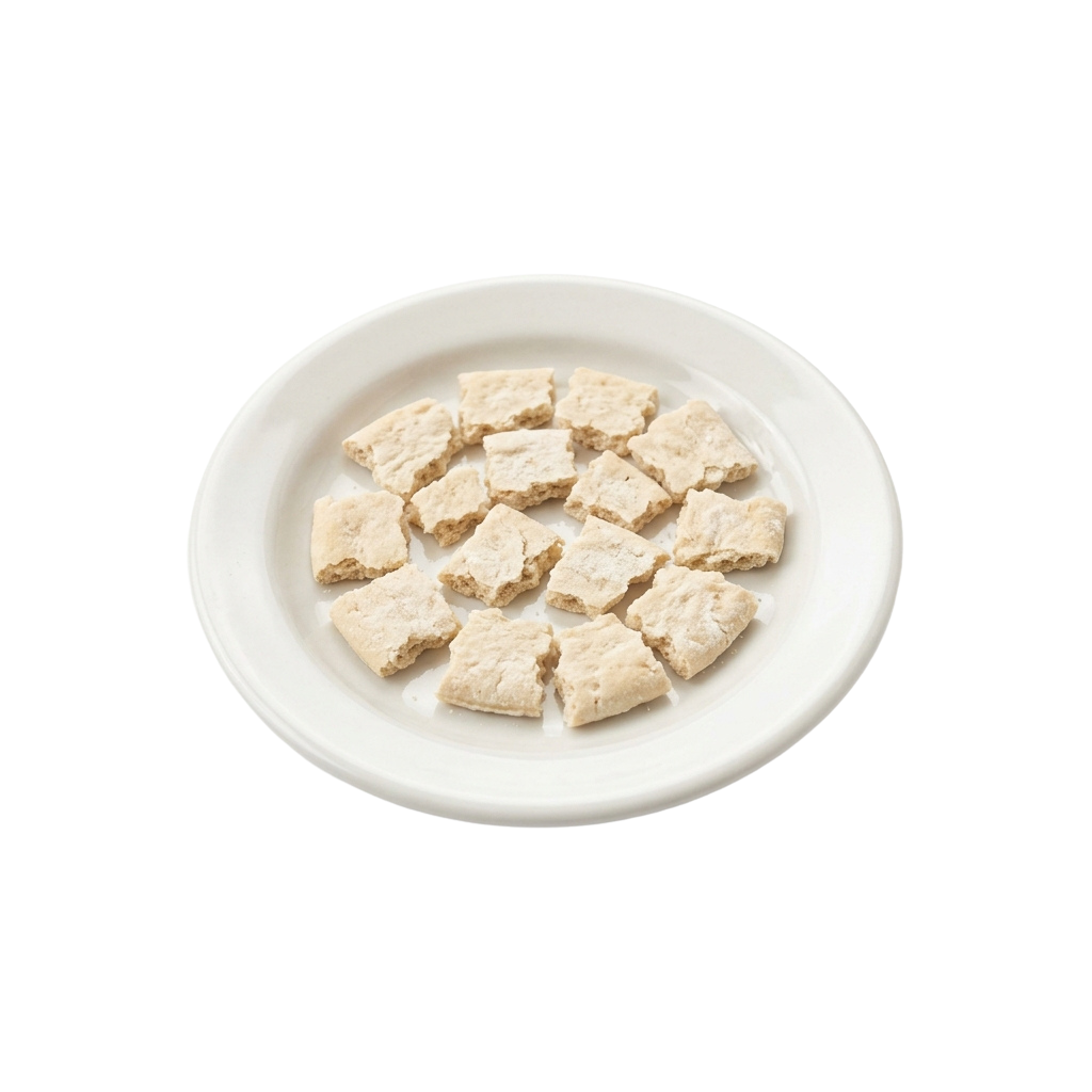 A white plate with light beige, irregularly shaped, square crackers or snack pieces.