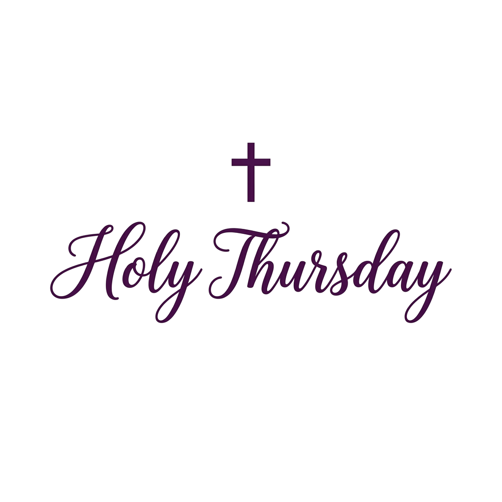 Purple cross symbol above the text Holy Thursday on a black background