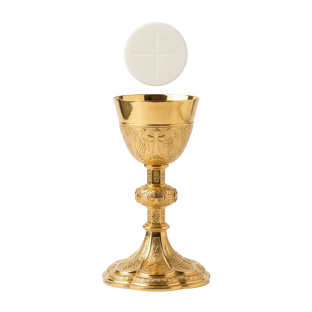 A golden chalice with intricate designs holding a white circular host on top
